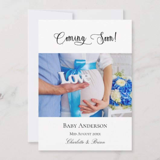 妊娠中来間の妊娠ベビー写真青 案内状 (正面)