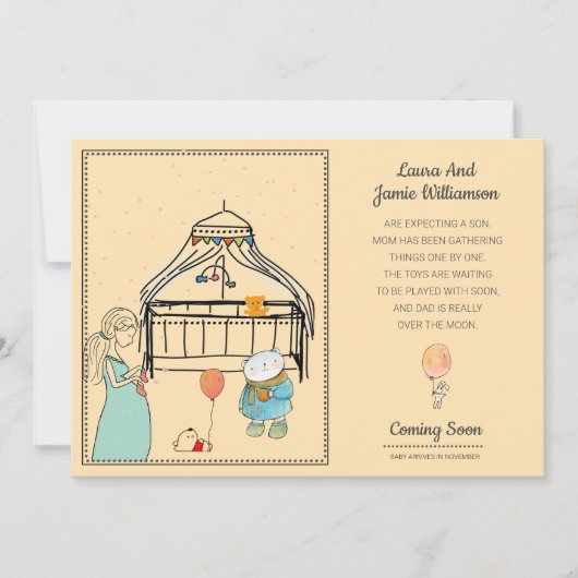 妊娠告知ウォーターカラーピーチ男の赤ちゃん 案内状 (正面)