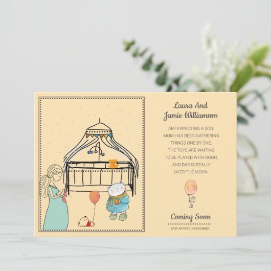 妊娠告知ウォーターカラーピーチ男の赤ちゃん 案内状 (スタンド正面)