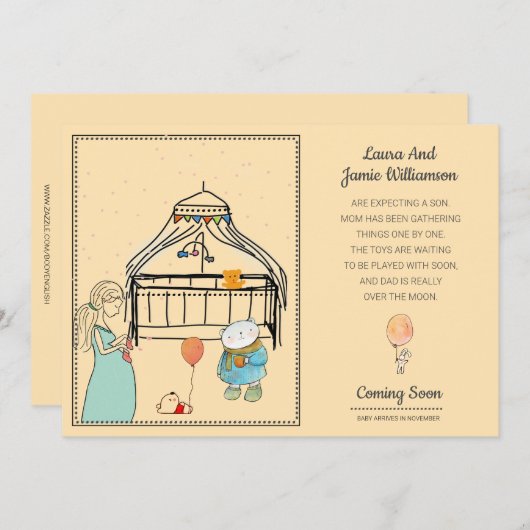 妊娠告知ウォーターカラーピーチ男の赤ちゃん 案内状 (正面/裏面)