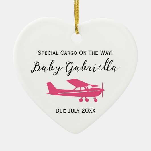 妊娠告知ベビーフォトピンクセスナクリスマス セラミックオーナメント (正面)