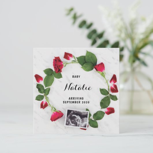 妊娠告知レッドローズフローラリースカード 案内状 (スタンド正面)