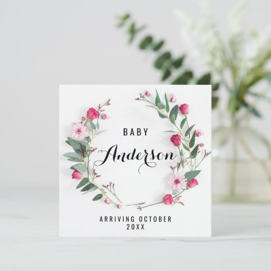 妊娠告知 – ピンク素朴リース サンキューカード (スタンド正面)