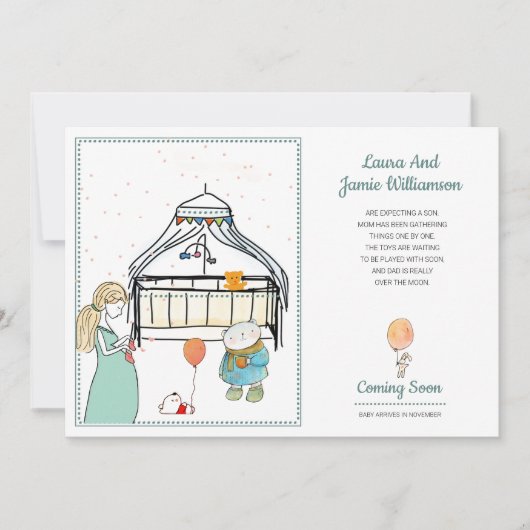 妊娠発表水の色の男の赤ちゃん 案内状 (正面)