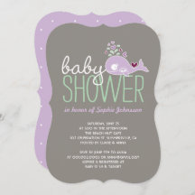 妊娠薄紫ホエールツインガールズベビーシャワー招待状