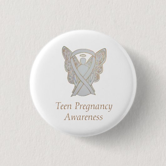 妊娠10代の認識度ホワイトリボンエンジェルピン 缶バッジ (正面)