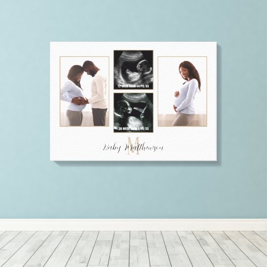 妊娠4写真コラージモノグラムイニシャル キャンバスプリント (インサイチュ (ウッドフロア))
