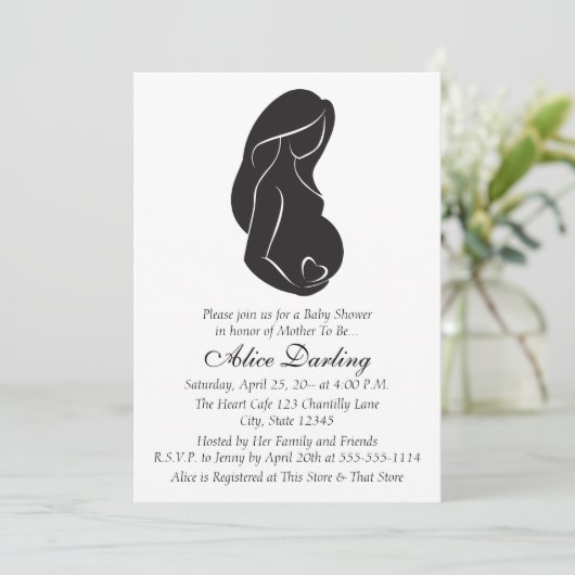 妊婦のシルエットのハートのベビーシャワーの招待 招待状 (スタンド正面)