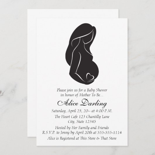 妊婦のシルエットのハートのベビーシャワーの招待 招待状 (正面/裏面)