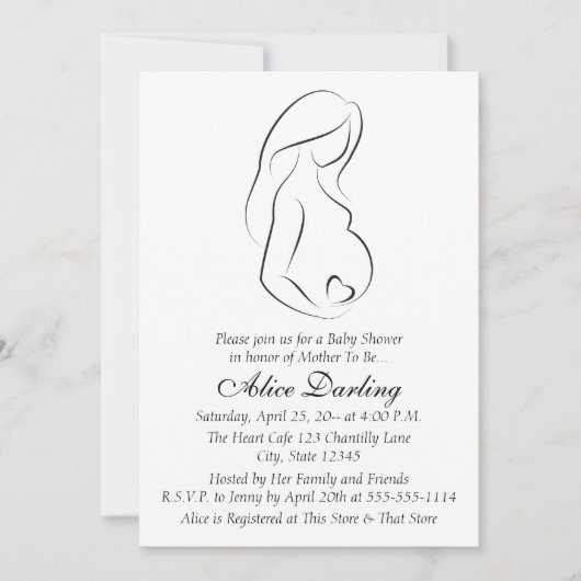 妊婦のプロフィールのハートのベビーシャワーの招待 招待状 (正面)