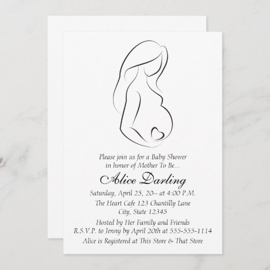 妊婦のプロフィールのハートのベビーシャワーの招待 招待状 (正面/裏面)