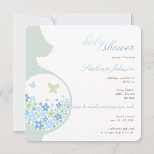 妊婦の母親と青いデイジーのシックな少年のベビーシャワー 招待状 (正面)