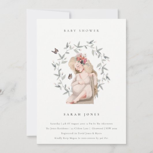 妊婦エレガント女葉赤ちゃんシャワー招待状 サンキューカード (正面)