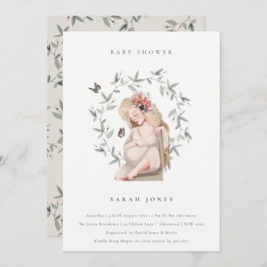 妊婦エレガント女葉赤ちゃんシャワー招待状 サンキューカード (正面/裏面)