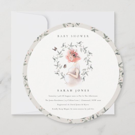 妊婦エレガント女葉赤ちゃんシャワー招待状 サンキューカード (正面)