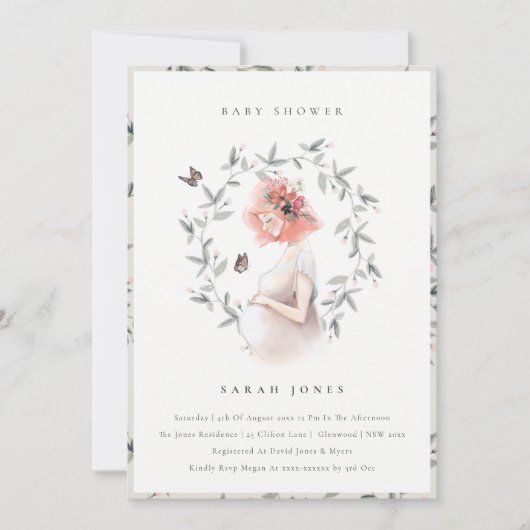 妊婦エレガント女葉赤ちゃんシャワー招待状 サンキューカード (正面)