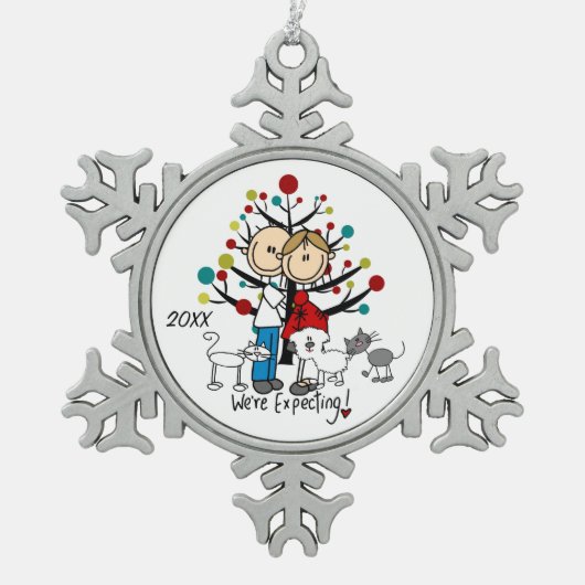 妊婦カップル2猫犬スノーフレークオーナメント スノーフレークピューターオーナメント (正面)
