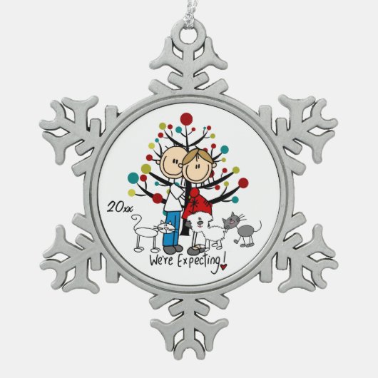 妊婦カップル2猫犬スノーフレークオーナメント スノーフレークピューターオーナメント (正面)