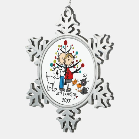 妊婦カップル2猫犬スノーフレークオーナメント スノーフレークピューターオーナメント (右)