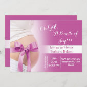 妊婦ベリーピンクガールリボンベビーシャワー招待状 招待状 (正面/裏面)