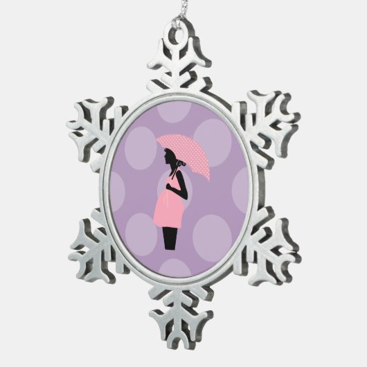 妊婦,妊娠,赤ちゃんシャワー,傘 スノーフレークピューターオーナメント (右)