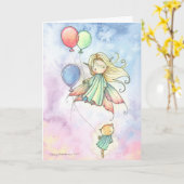 妖精および子猫猫のバースデー・カードの浮遊かわいこちゃん カード (黄色い花)