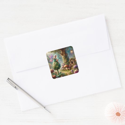 妖精がアーティチョークの魔法のイラストの上に座っている スクエアシール (封筒)