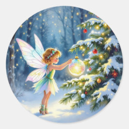 妖精がクリスマスツリーを飾る ラウンドシール