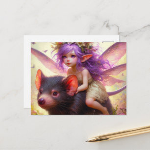 妖精がタスマニアデビルに乗るファンタジーアート ポストカード