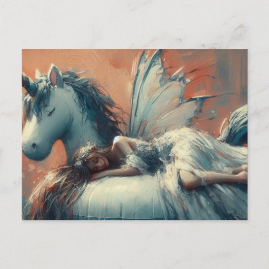 妖精が一角獣のプールの浮き上で眠っている ポストカード (正面)