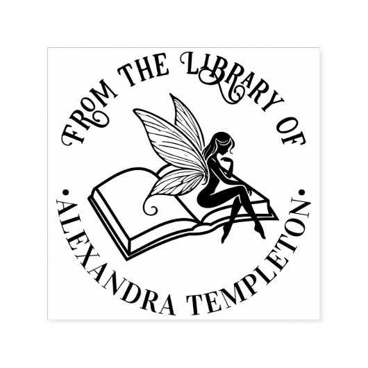 妖精が乗った開いた本の「From the Library of」名前スタンプ セルフインキングスタンプ (デザイン)