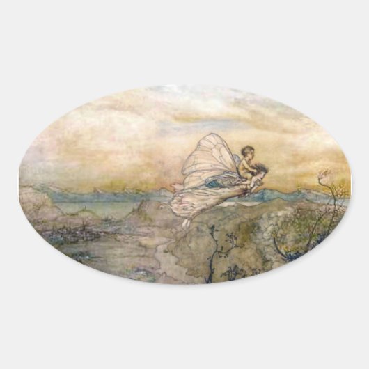 妖精が子どものステッカーで飛び立つ 楕円形シール (正面)