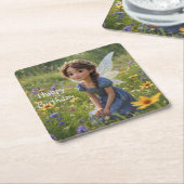妖精が牧草地に スクエアペーパーコースター (アングル)