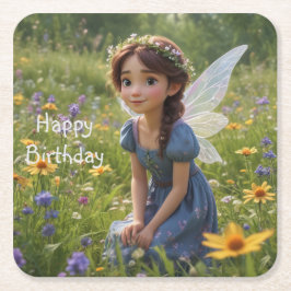 妖精が牧草地に スクエアペーパーコースター