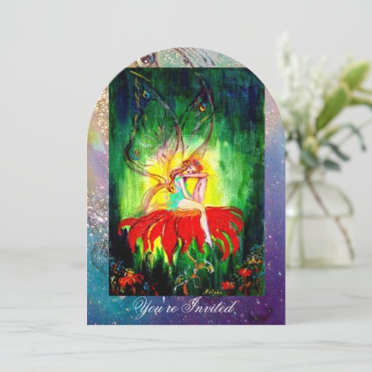 妖精が赤い花の青い黄色、緑の上で夢を見ている 招待状 (スタンド正面)