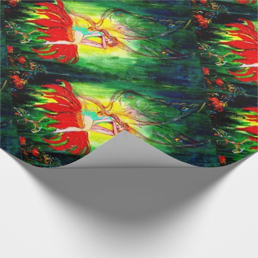 妖精が赤い花緑の黄色のファンタジーで夢を見る ラッピングペーパー (角)