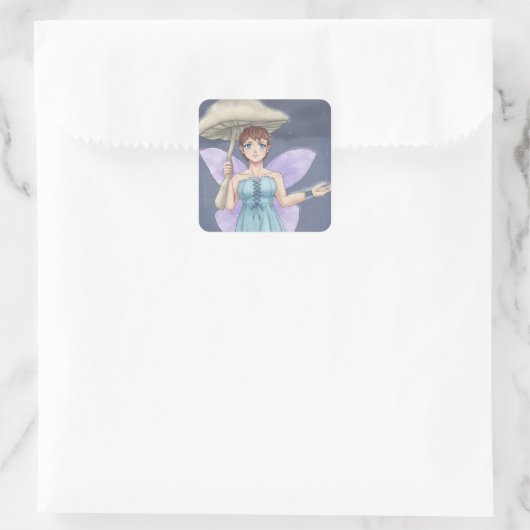 妖精が雨の中でキノコの傘を持つ スクエアシール (バッグ)