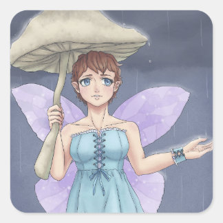 妖精が雨の中でキノコの傘を持つ スクエアシール