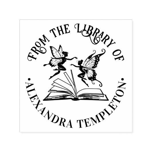 妖精が飛ぶオープン・ブック "From the Library of" セルフインキングスタンプ (デザイン)