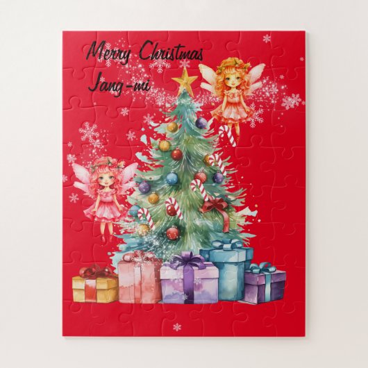 妖精たちがクリスマスツリーを飾っている ジグソーパズル (縦)