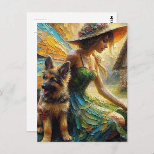 妖精とドイツの羊飼いの子犬 ポストカード (正面/裏面)