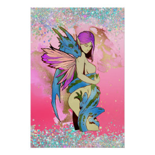 妖精とドラゴンOn Pink Ddブランドスケートボード ポスター