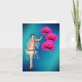 妖精とピンクのジニアの花の幻想的なメモ カード (正面)