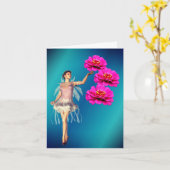 妖精とピンクのジニアの花の幻想的なメモ カード (黄色い花)