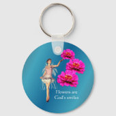 妖精とピンクの《植物》百日草の感動的花 キーホルダー (正面)