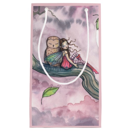 妖精とフクロウのお洒落ファンタジーアート スモールペーパーバッグ (正面)