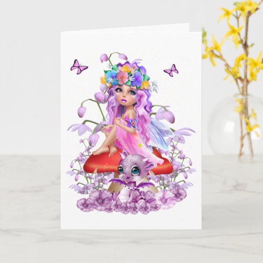 妖精とベビー竜。 カード (黄色い花)