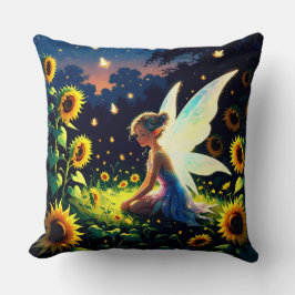 妖精とホタルのヒマワリの背景 クッション