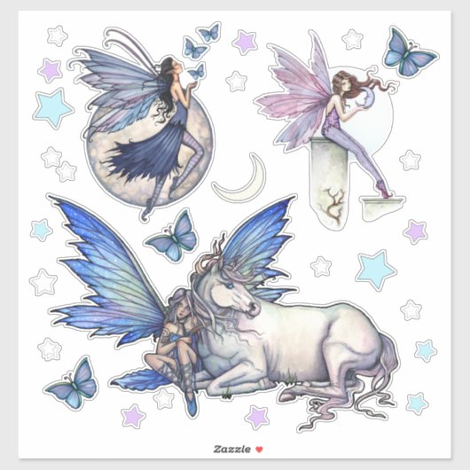 妖精とユニコーンの星と月 ファンタジー アート ステッカー シール (シート)