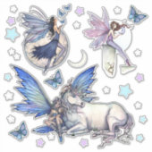 妖精とユニコーンの星と月 ファンタジー アート ステッカー シール (正面)